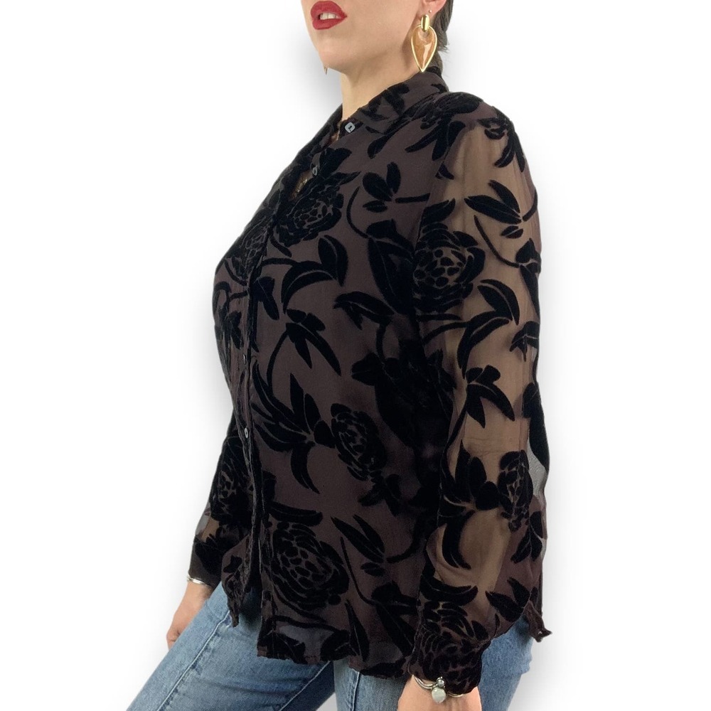 90's brown silk button down blouse with black velvet roses and sheer sleeves - Picture 13 of 16